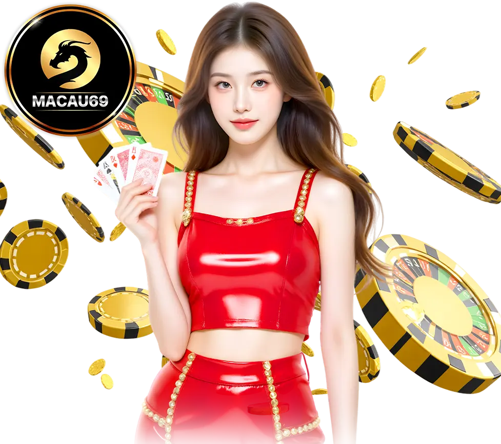 MACAU69 คาสิโนออนไลน์ สาวชุดแดงถือไพ่ พร้อมชิปและรูเล็ตทอง โทนหรูดูพรีเมียม