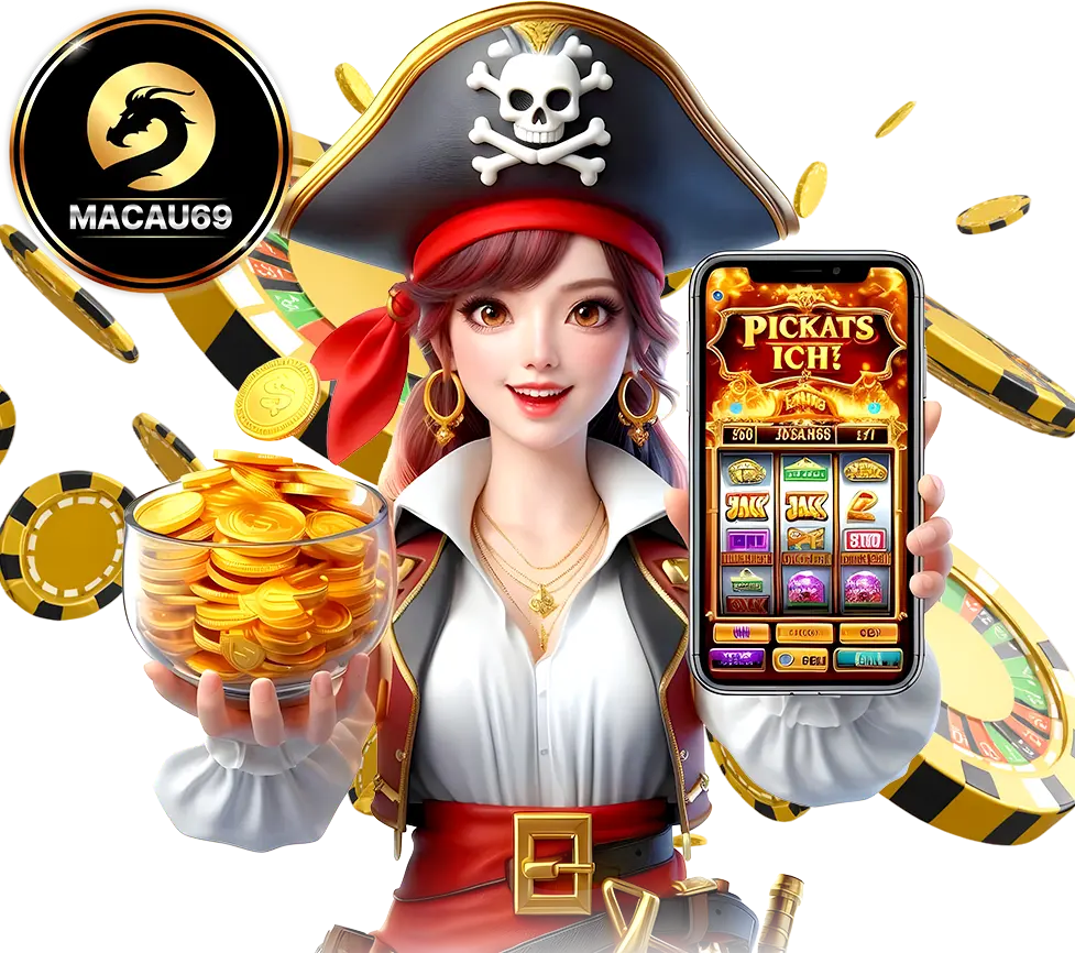 MACAU69 ภาพโจรสลัดสาวถือเหรียญทองและมือถือโชว์เกมสล็อตโบนัสแตกง่าย
