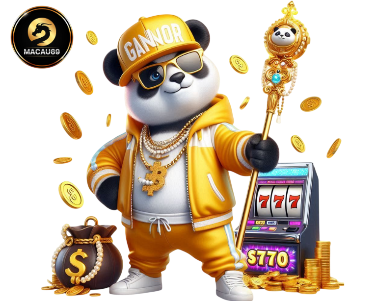 การ์ตูนแพนด้าสวมชุดทองถือคทา ยืนข้างตู้สล็อต พร้อมเหรียญทองและสัญลักษณ์โชคลาภ